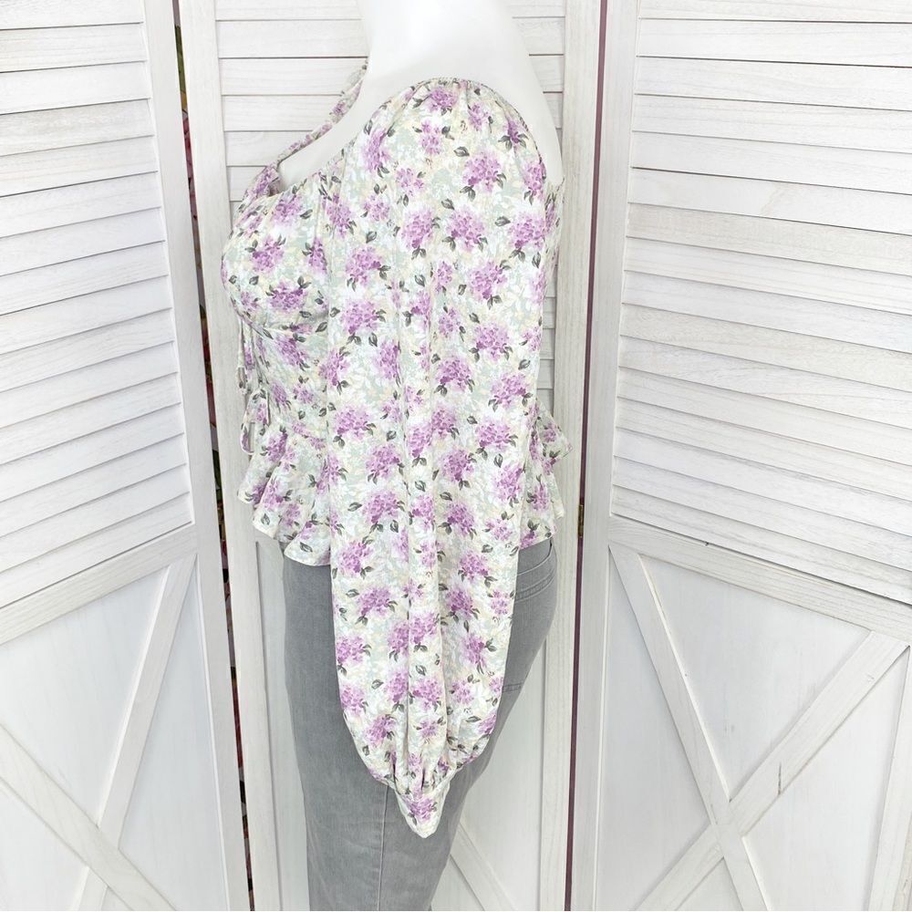 Bacio Floral Tie Front Puff Sleeve Crop Blouse White Purple Large - Picture 2 of 12